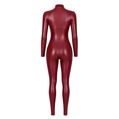 Combinaison integrale bordeaux wetlook vue de dos a plat, coutures sculptantes et col montant - Oh My God'Z