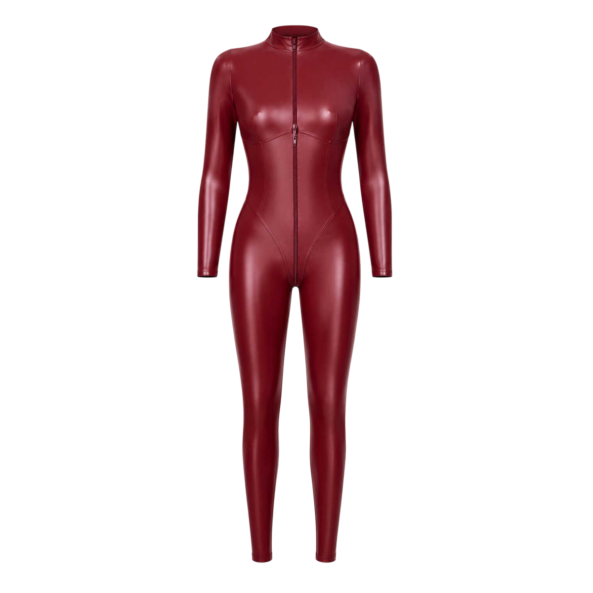 Combinaison Dark Romance bordeaux en Powerwetlook presentee a plat de face avec zip trois voies - Oh My God'Z