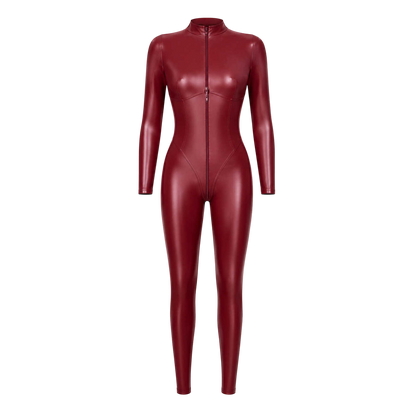 Combinaison Dark Romance bordeaux en Powerwetlook presentee a plat de face avec zip trois voies - Oh My God'Z