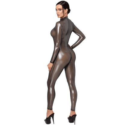 Vue de dos d'une combinaison integrale transparente argentee effet latex avec zip dorsal et col montant - Oh My God'Z