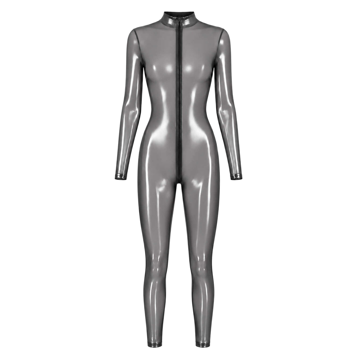 Combinaison integrale transparente argentee effet latex presentee a plat de face avec zip noir central - Oh My God'Z