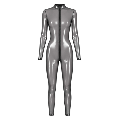 Combinaison integrale transparente argentee effet latex presentee a plat de face avec zip noir central - Oh My God'Z