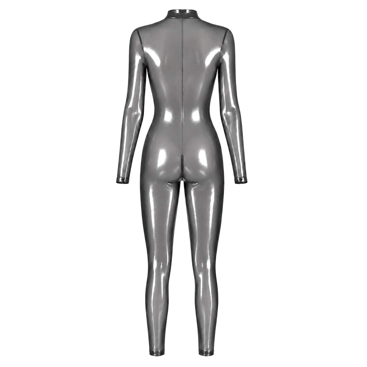 Combinaison bodystocking argentee effet latex vue a plat de dos, col montant et zip dorsal noir - Oh My God'Z