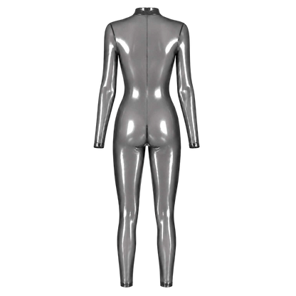 Combinaison bodystocking argentee effet latex vue a plat de dos, col montant et zip dorsal noir - Oh My God'Z