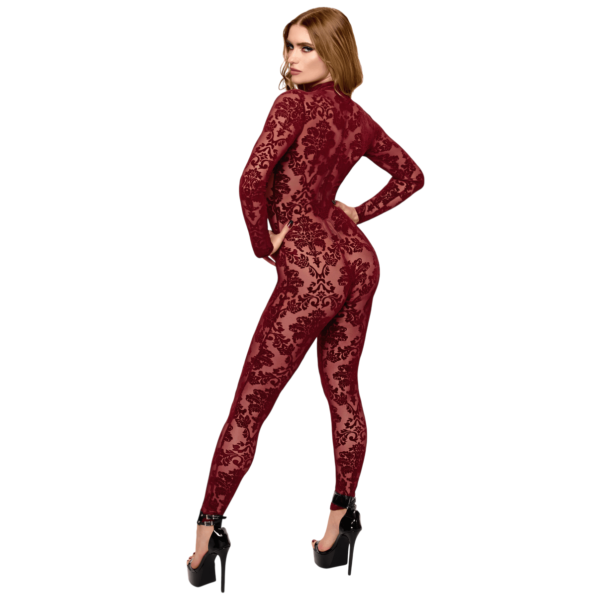 Vue de dos de la combinaison bodystocking en tulle floque bordeaux transparent, manches longues ajustees - Oh My God'Z