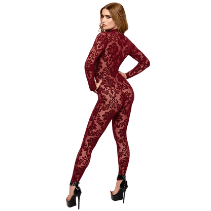 Vue de dos de la combinaison bodystocking en tulle floque bordeaux transparent, manches longues ajustees - Oh My God'Z