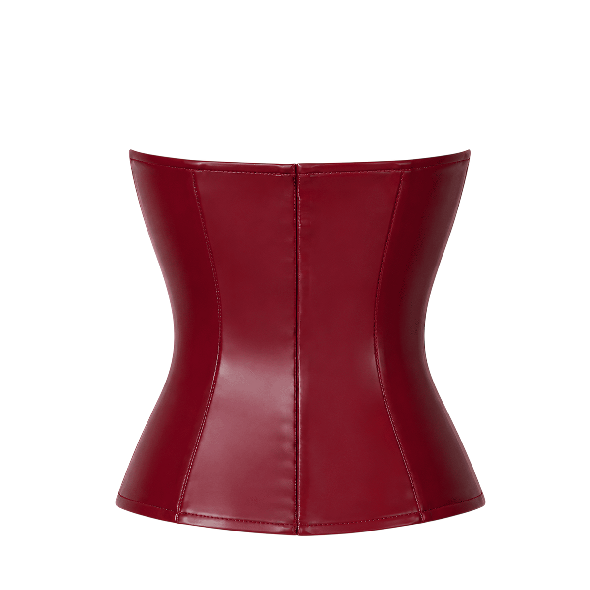 Dos du corset bordeaux en wetlook enduit, coutures verticales structurantes et taille cintree - Oh My God'Z