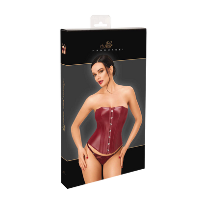 Packaging noir et dore Noir Handmade presentant le corset bordeaux en wetlook porte par un modele - Oh My God'Z