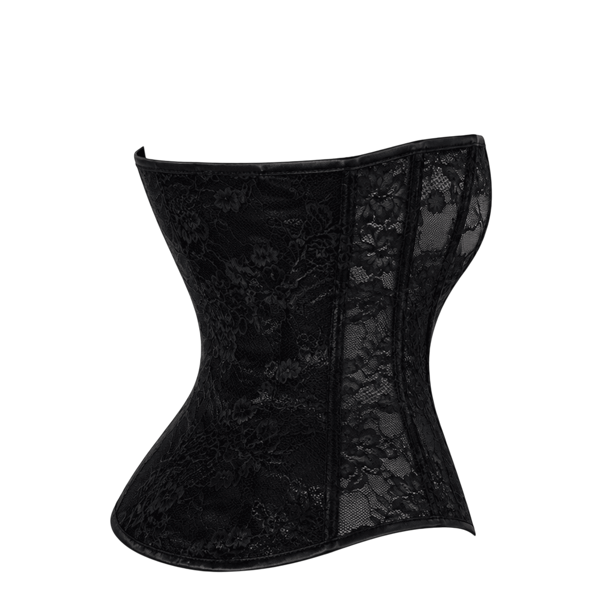 Corset noir en dentelle et powerwetlook vu de cote, structure baleinee et finitions brillantes - Oh My God'Z