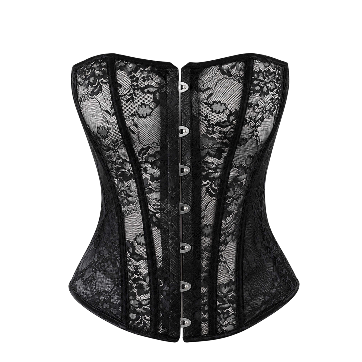 Corset noir en dentelle transparente baleine avec busc a agrafes metalliques, presente a plat de face - Oh My God'Z
