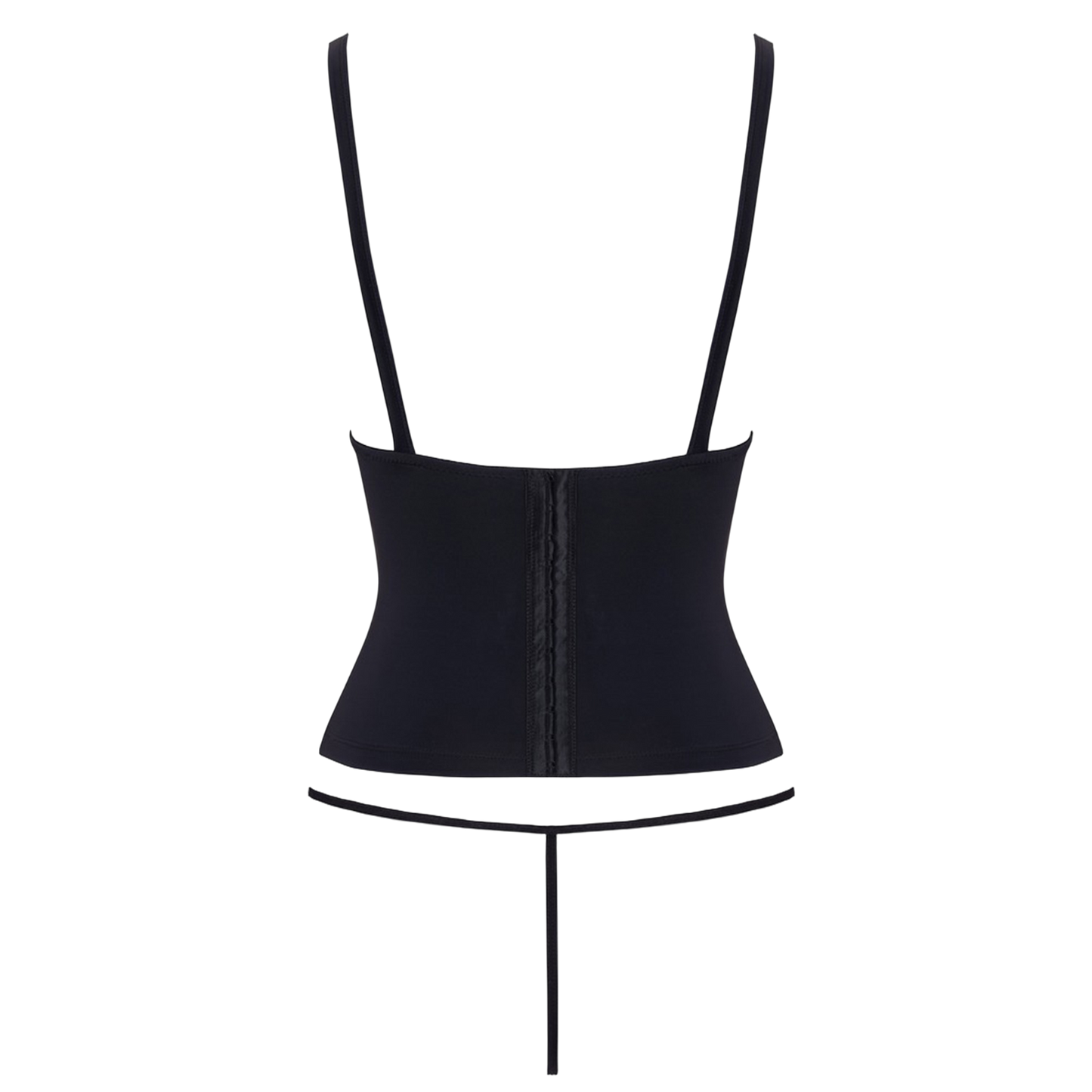 Corset noir Cottelli PARTY à plat : vue de la fermeture dos et du mini string assorti
