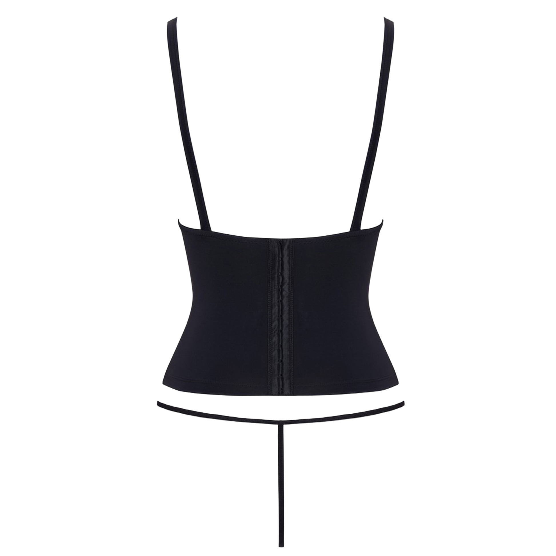 Corset noir Cottelli PARTY à plat : vue de la fermeture dos et du mini string assorti