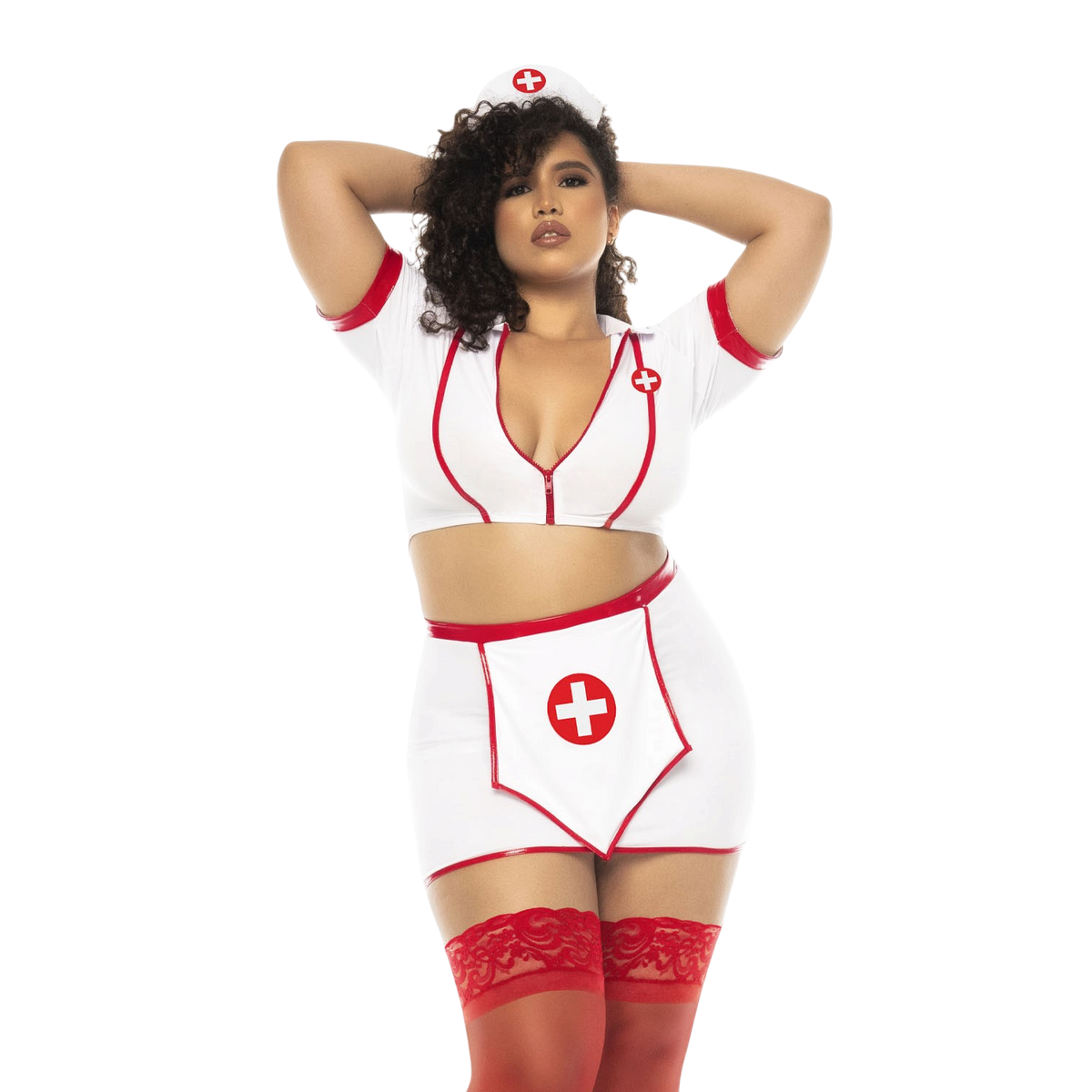 Costume infirmiere grande taille blanc et rouge, top zippe, jupe et serre-tete, vue de face - Oh My God'Z
