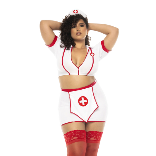 Costume infirmiere grande taille blanc et rouge, top zippe, jupe et serre-tete, vue de face - Oh My God'Z