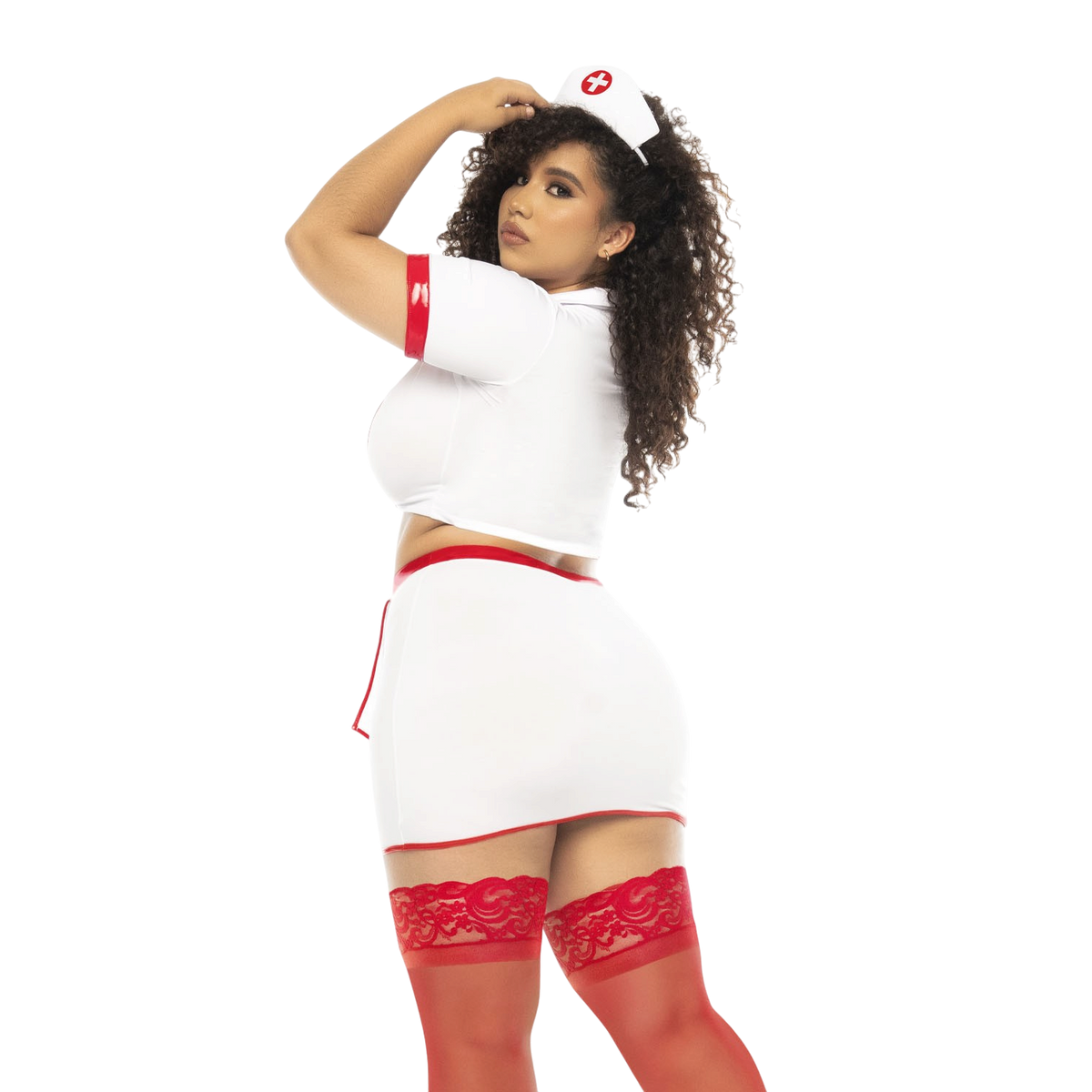 Costume infirmiere sexy grande taille blanc et rouge, jupe moulante et coiffe, vue de dos - Oh My God'Z