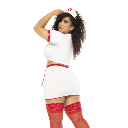 Costume infirmiere sexy grande taille blanc et rouge, jupe moulante et coiffe, vue de dos - Oh My God'Z