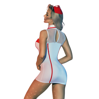 Vue de dos du costume infirmiere sexy, robe courte blanche moulante, liseres rouges et empiecement resille - Oh My God'Z