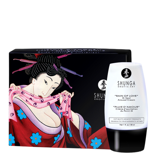 Creme point G Pluie d'Amour Shunga, flacon blanc et noir 30 ml devant son coffret illustre - Oh My God'Z