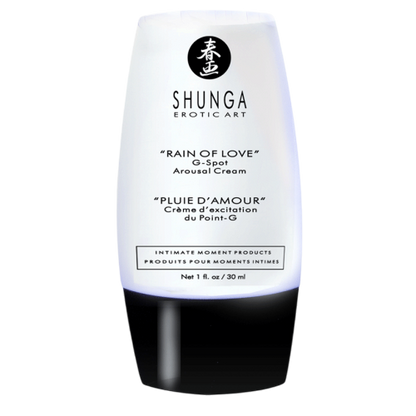Gros plan du flacon de creme stimulante point G Shunga Pluie d'Amour, plastique blanc et noir, 30 ml - Oh My God'Z