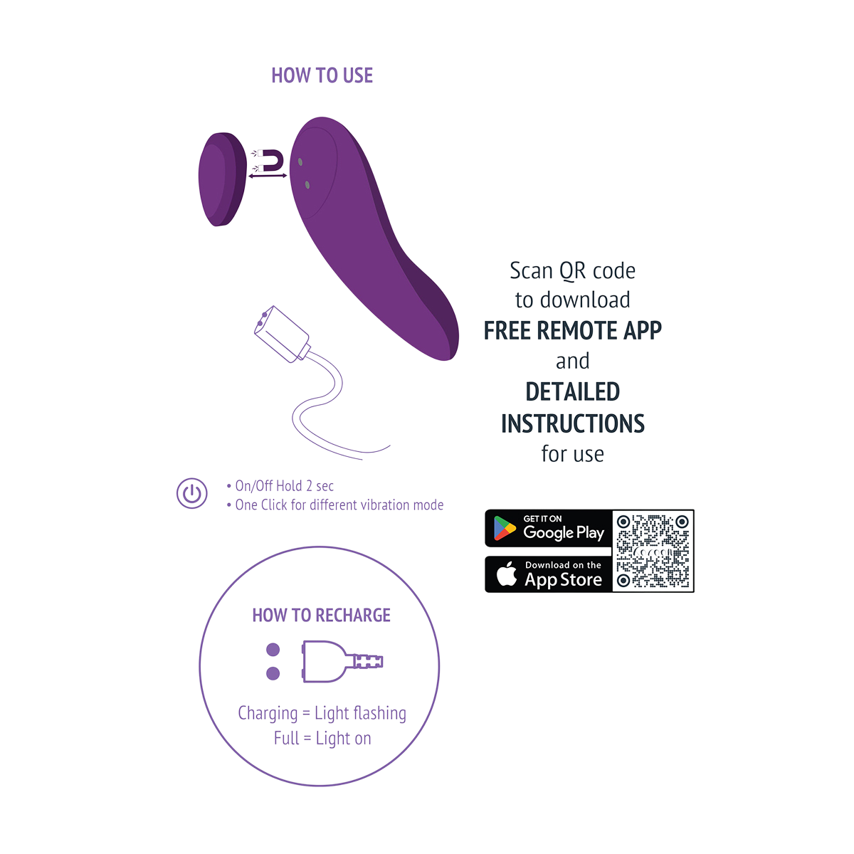 Schema d'utilisation et de recharge USB de la culotte vibrante connectee Xocoon violette en silicone - Oh My God'Z