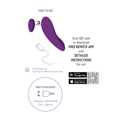 Schema d'utilisation et de recharge USB de la culotte vibrante connectee Xocoon violette en silicone - Oh My God'Z