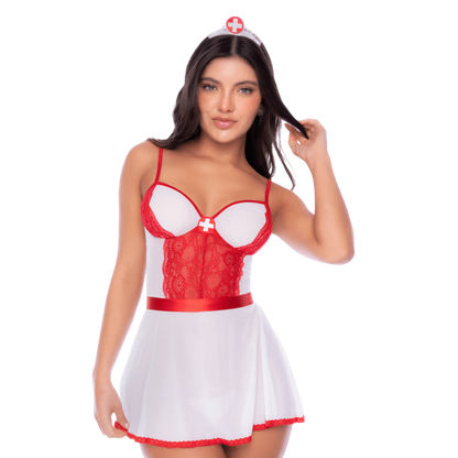 Deguisement infirmiere Mapale, bustier blanc a dentelle rouge et mini-jupe, vue de face - Oh My God'Z