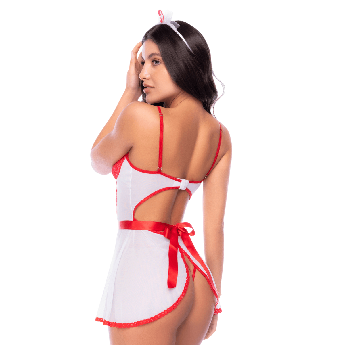 Deguisement infirmiere blanc et rouge Mapale, dos nu avec large ruban satine noue, vue de dos - Oh My God'Z
