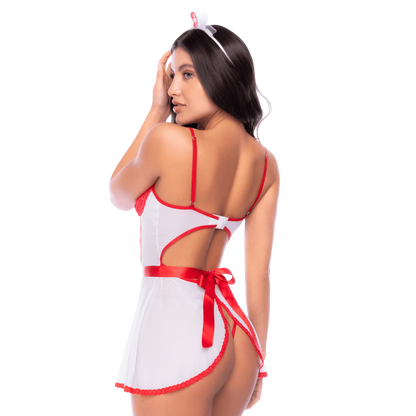 Deguisement infirmiere blanc et rouge Mapale, dos nu avec large ruban satine noue, vue de dos - Oh My God'Z