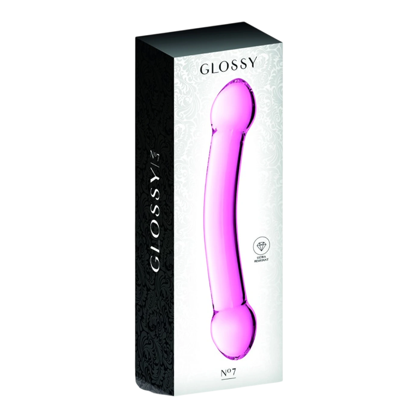 Packaging du double gode en verre rose Glossy n°7 dans boîte noire et blanche élégante - Oh My God'Z