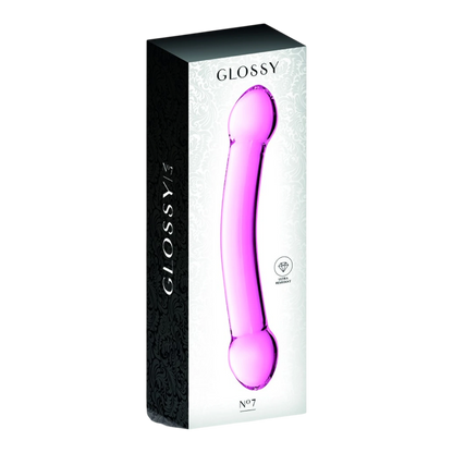 Packaging du double gode en verre rose Glossy n°7 dans boîte noire et blanche élégante - Oh My God'Z