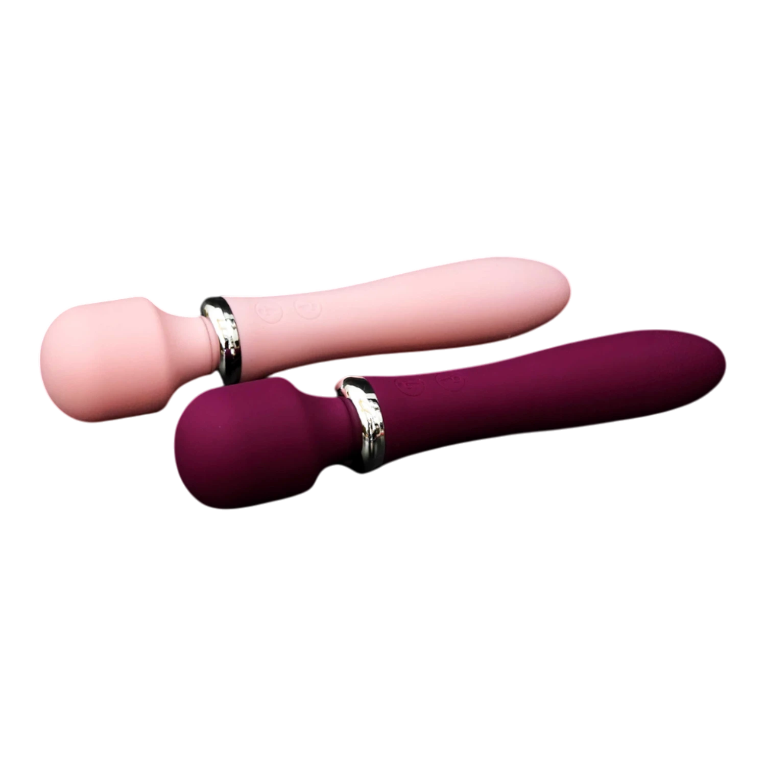 Duo vibromasseurs Powerful Wand rose et bordeaux sur fond noir, silicone médical double moteur - Oh My God'Z