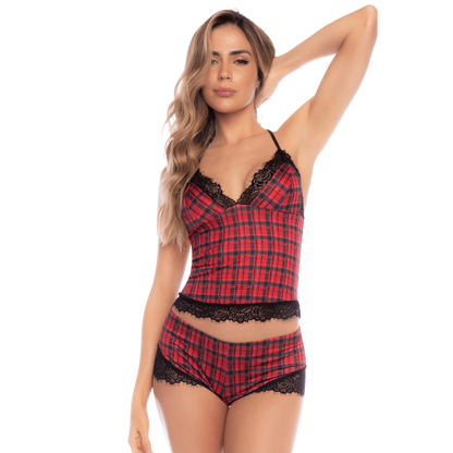 Ensemble lingerie 2 pièces imprimé écossais rouge et noir avec dentelle, top à bretelles et short - Oh My God'Z