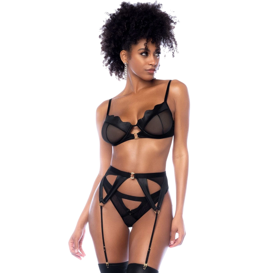 Ensemble 3 pièces wetlook noir : soutien-gorge armatures, porte-jarretelles et string en maille - Oh My God'Z