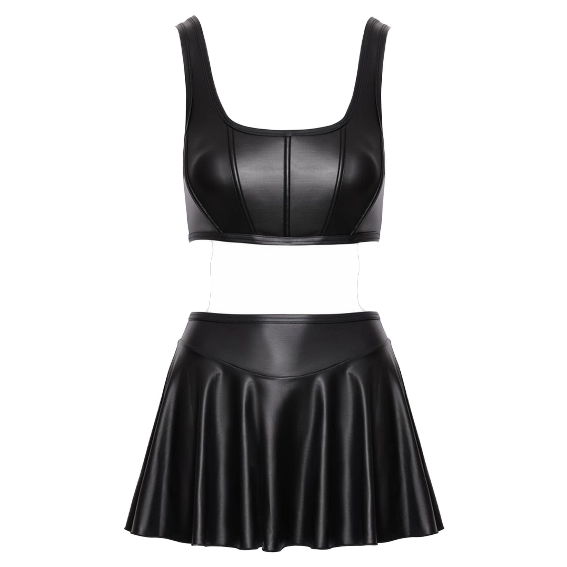 Détail du top bustier noir mat Cottelli PARTY avec baleines de maintien et mini-jupe évasée à plat