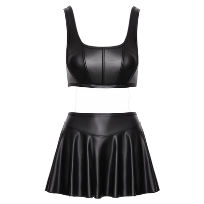 Détail du top bustier noir mat Cottelli PARTY avec baleines de maintien et mini-jupe évasée à plat