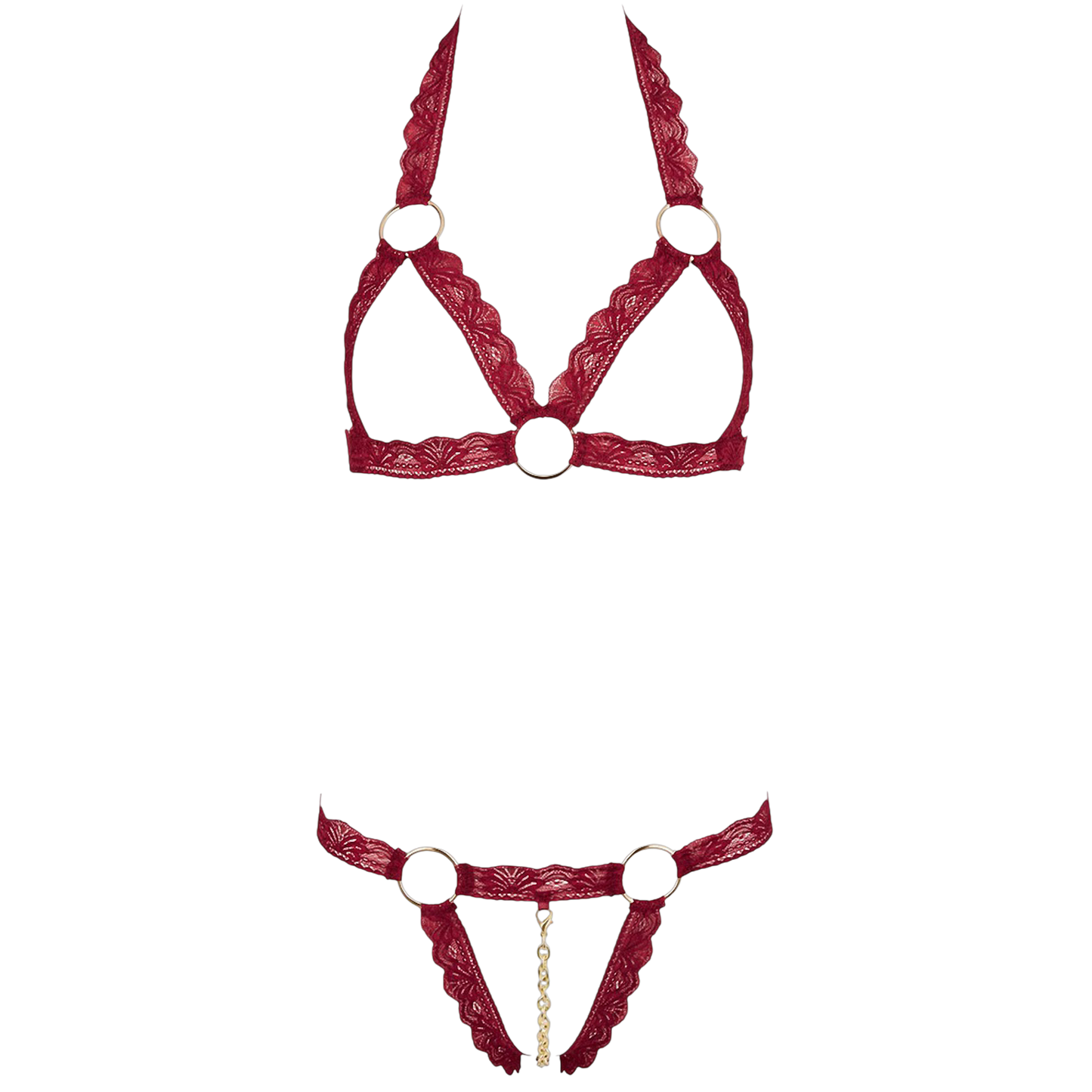 Soutien-gorge ouvert harnais dentelle bordeaux à anneaux dorés - Oh My God'Z
