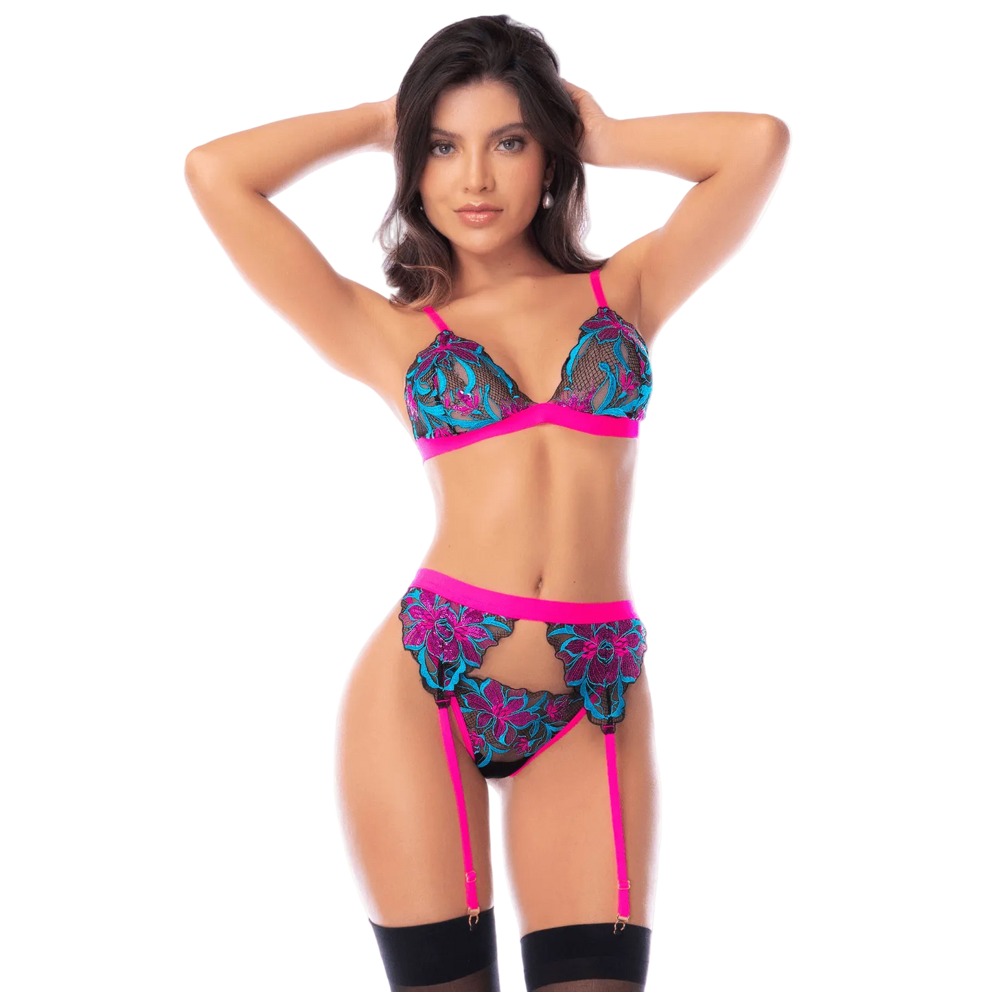 Ensemble lingerie 3 pièces brodé bleu et rose avec sequins, soutien-gorge triangle et porte-jarretelles - Oh My God'Z