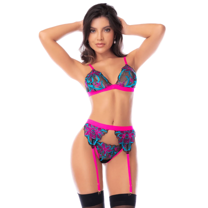 Ensemble lingerie 3 pièces brodé bleu et rose avec sequins, soutien-gorge triangle et porte-jarretelles - Oh My God'Z