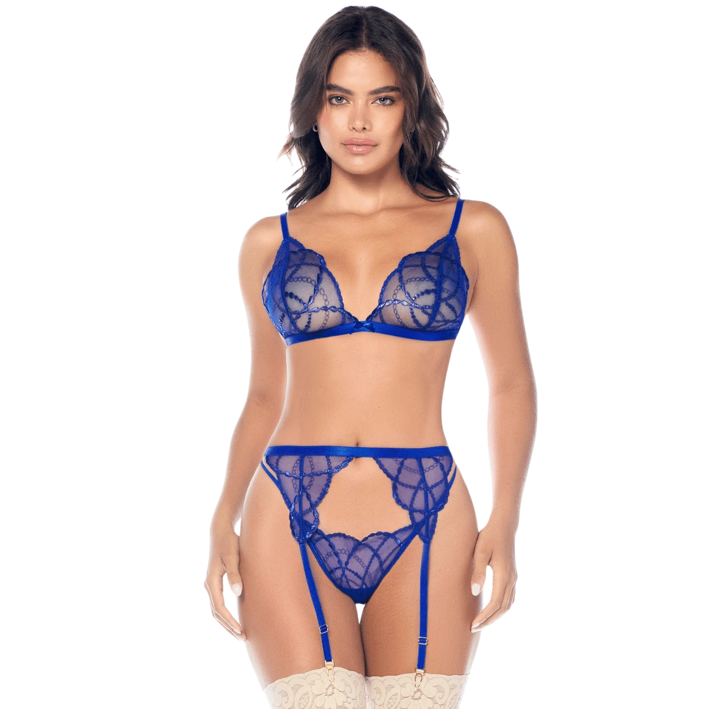 Ensemble lingerie 3 pièces bleu roi avec broderie brillante, soutien-gorge, string et porte-jarretelles - Oh My God'Z