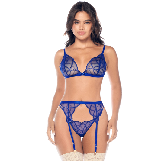 Ensemble lingerie 3 pièces bleu roi avec broderie brillante, soutien-gorge, string et porte-jarretelles - Oh My God'Z