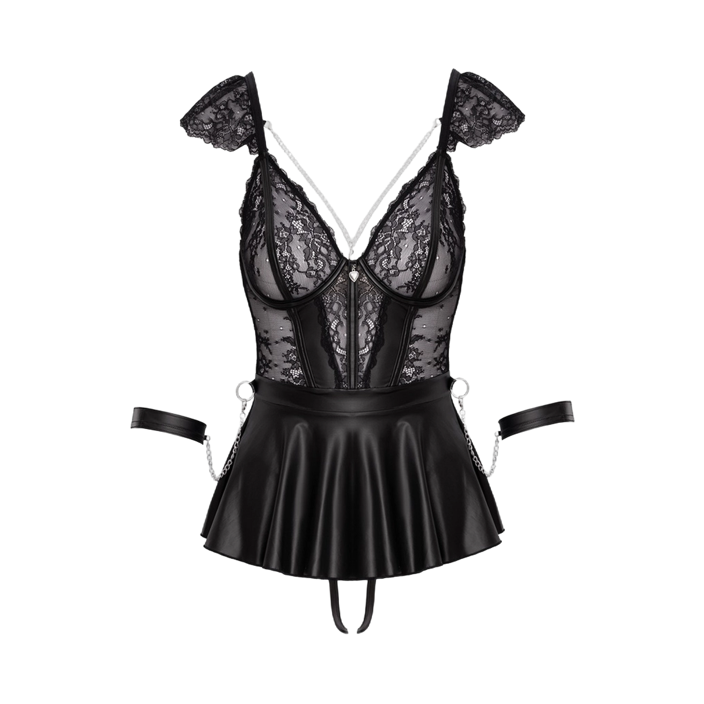 Détail babydoll bondage Cotelli avec bonnets dentelle, chaînes argentées, jupe mat et menottes souples