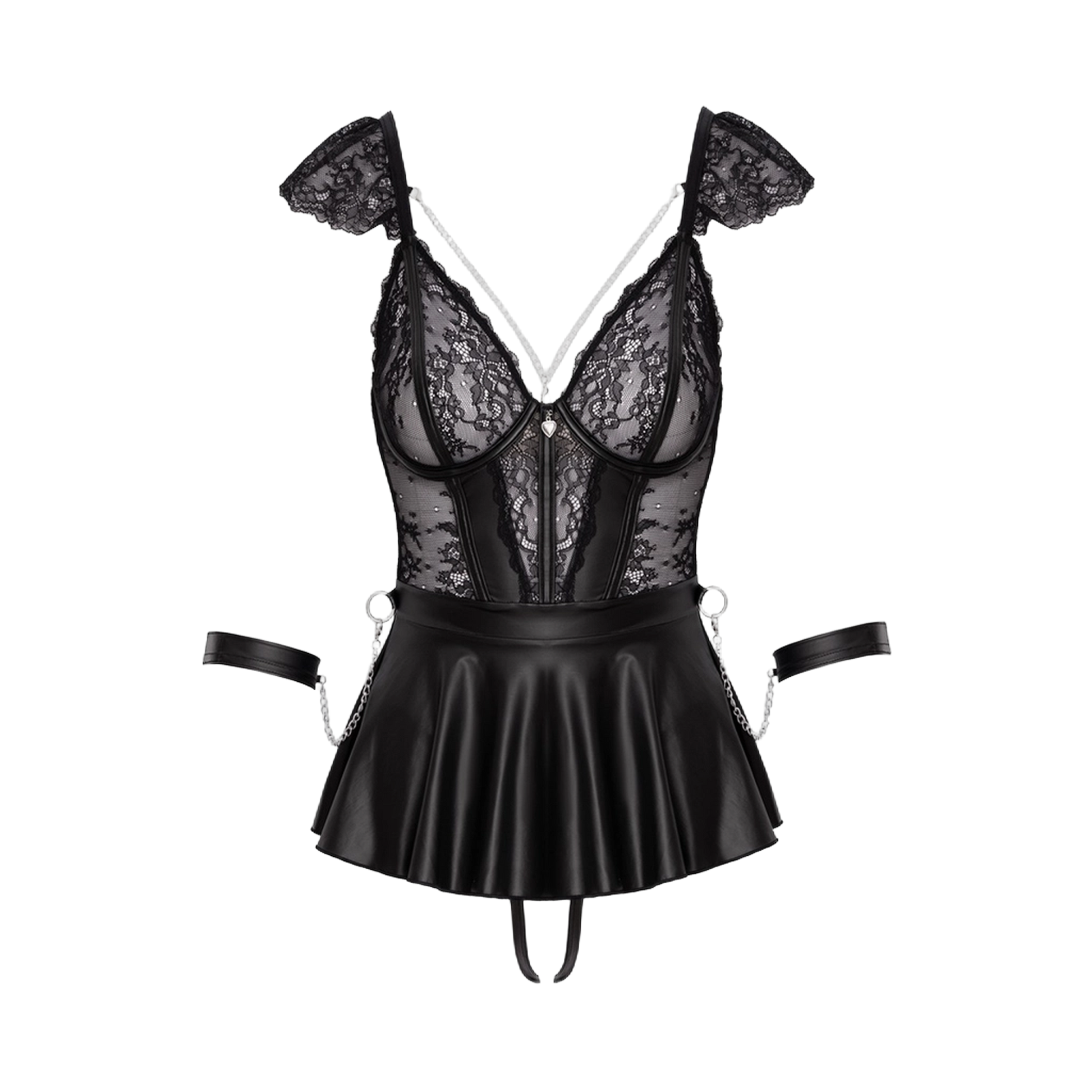 Détail babydoll bondage Cotelli avec bonnets dentelle, chaînes argentées, jupe mat et menottes souples