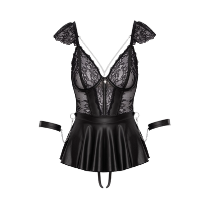 Détail babydoll bondage Cotelli avec bonnets dentelle, chaînes argentées, jupe mat et menottes souples