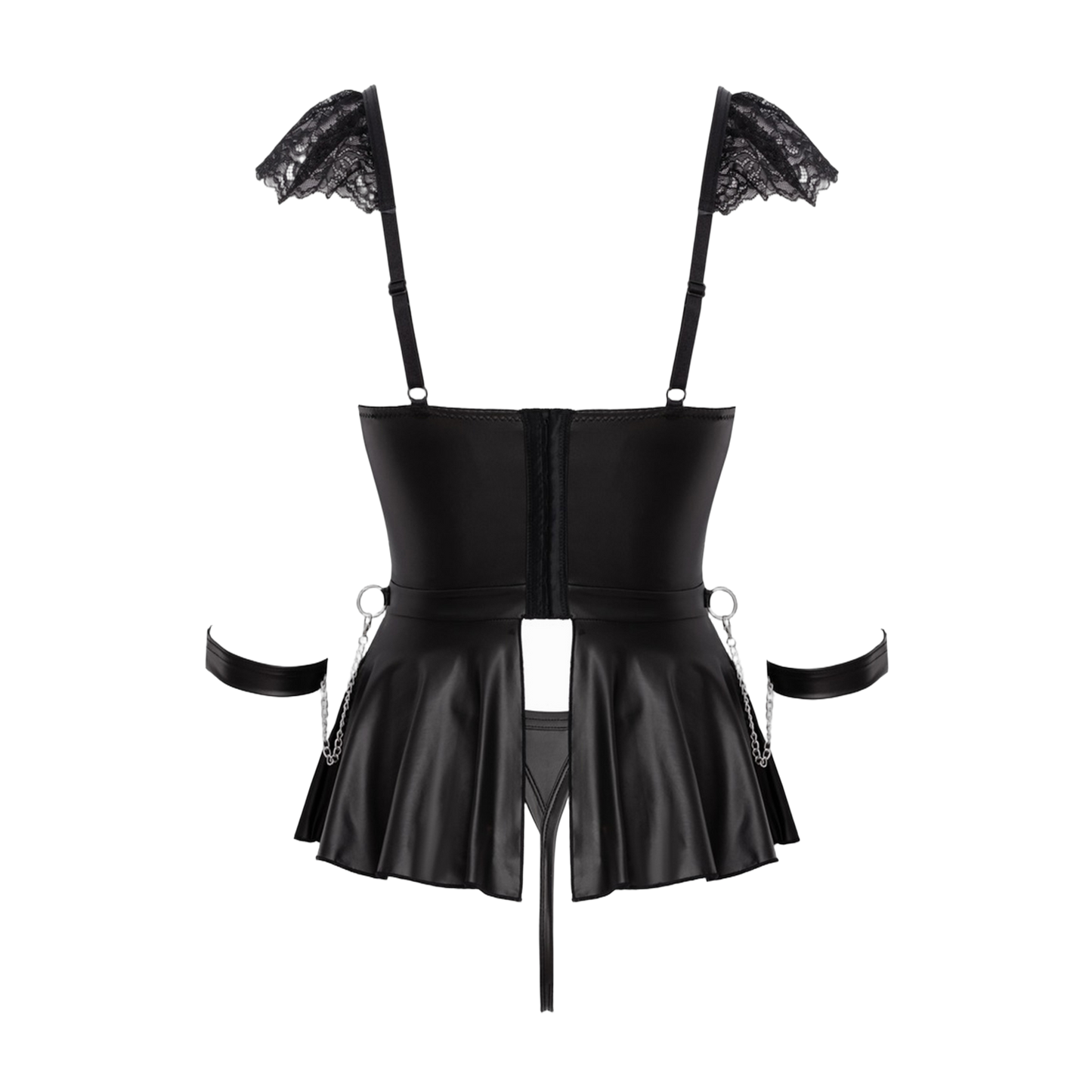 Vue arrière à plat ensemble bondage Cotelli montrant la construction du corset, bretelles dentelle et jupe évasée