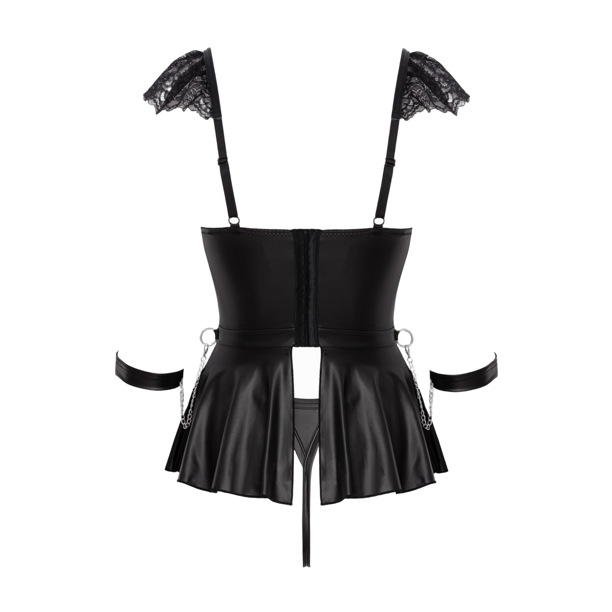 Vue arrière à plat ensemble bondage Cotelli montrant la construction du corset, bretelles dentelle et jupe évasée