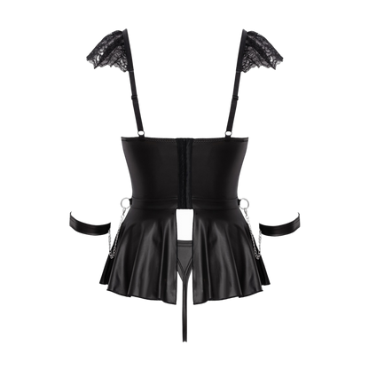 Vue arrière à plat ensemble bondage Cotelli montrant la construction du corset, bretelles dentelle et jupe évasée