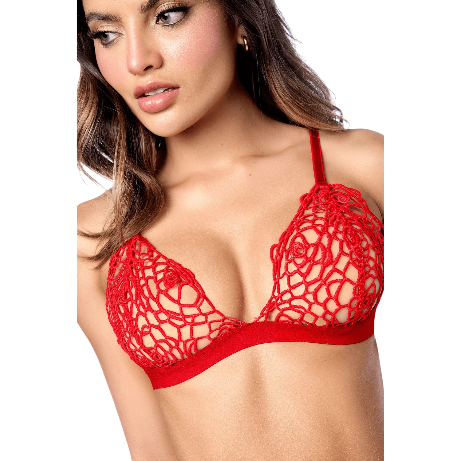 Détail du soutien-gorge en crochet rouge tricoté avec motif ajouré et bretelles ajustables - Oh My God'Z