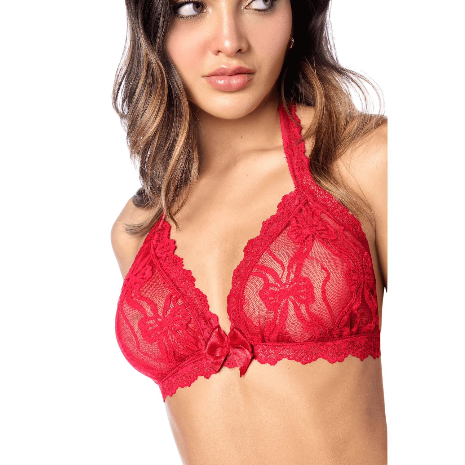 Détail du soutien-gorge en dentelle rouge transparente avec nœud satin central et bordures raffinées - Oh My God'Z