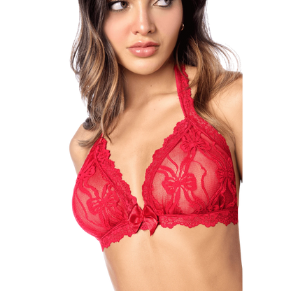 Détail du soutien-gorge en dentelle rouge transparente avec nœud satin central et bordures raffinées - Oh My God'Z