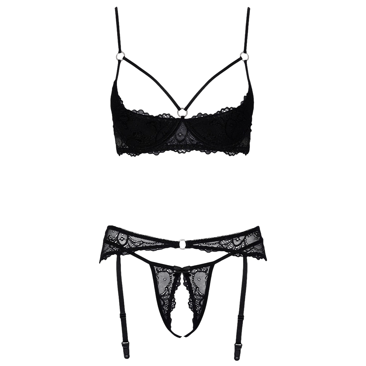 Détail soutien-gorge ouvert dentelle noire avec lanières et anneaux strass Cotelli Lingerie - Oh My God'Z
